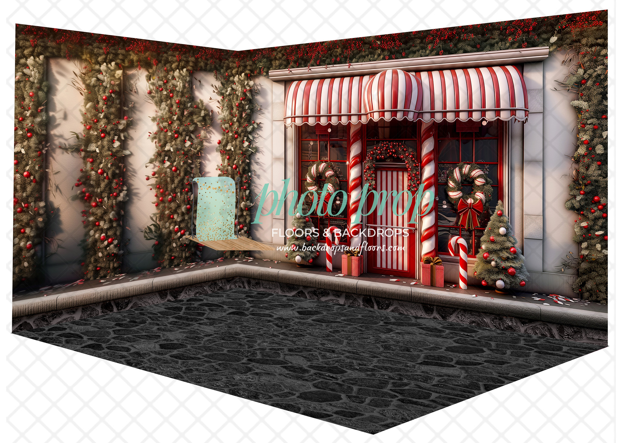 Christmas Peppermint Shop Photography Backdrop (Berries and Candy Canes Wall (Left), Berries and Candy Canes Shop (Right), Coal Cobblestones (Floor))