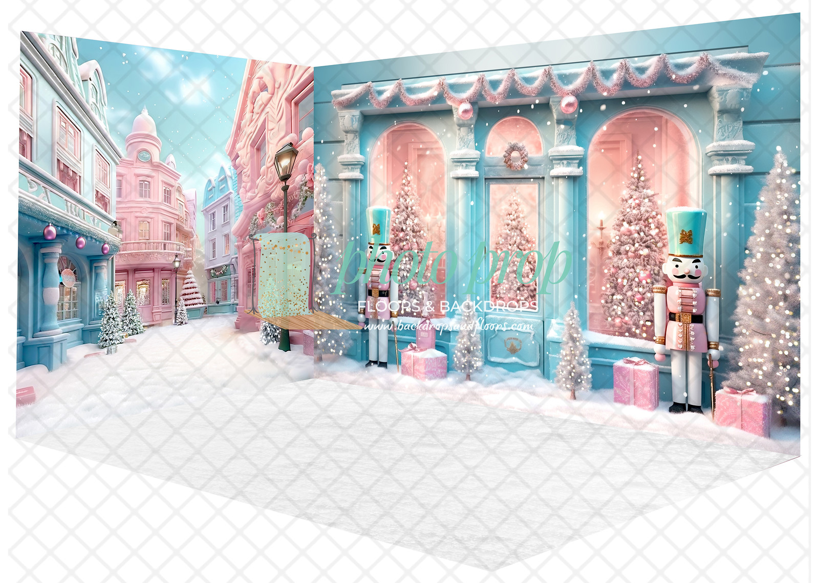 Pastel Pink and Blue Christmas Shop Photography Backdrop (Sugar Plum Plaza (Left), Sugar Plum Shop (Right), Snowy Floor (Floor))