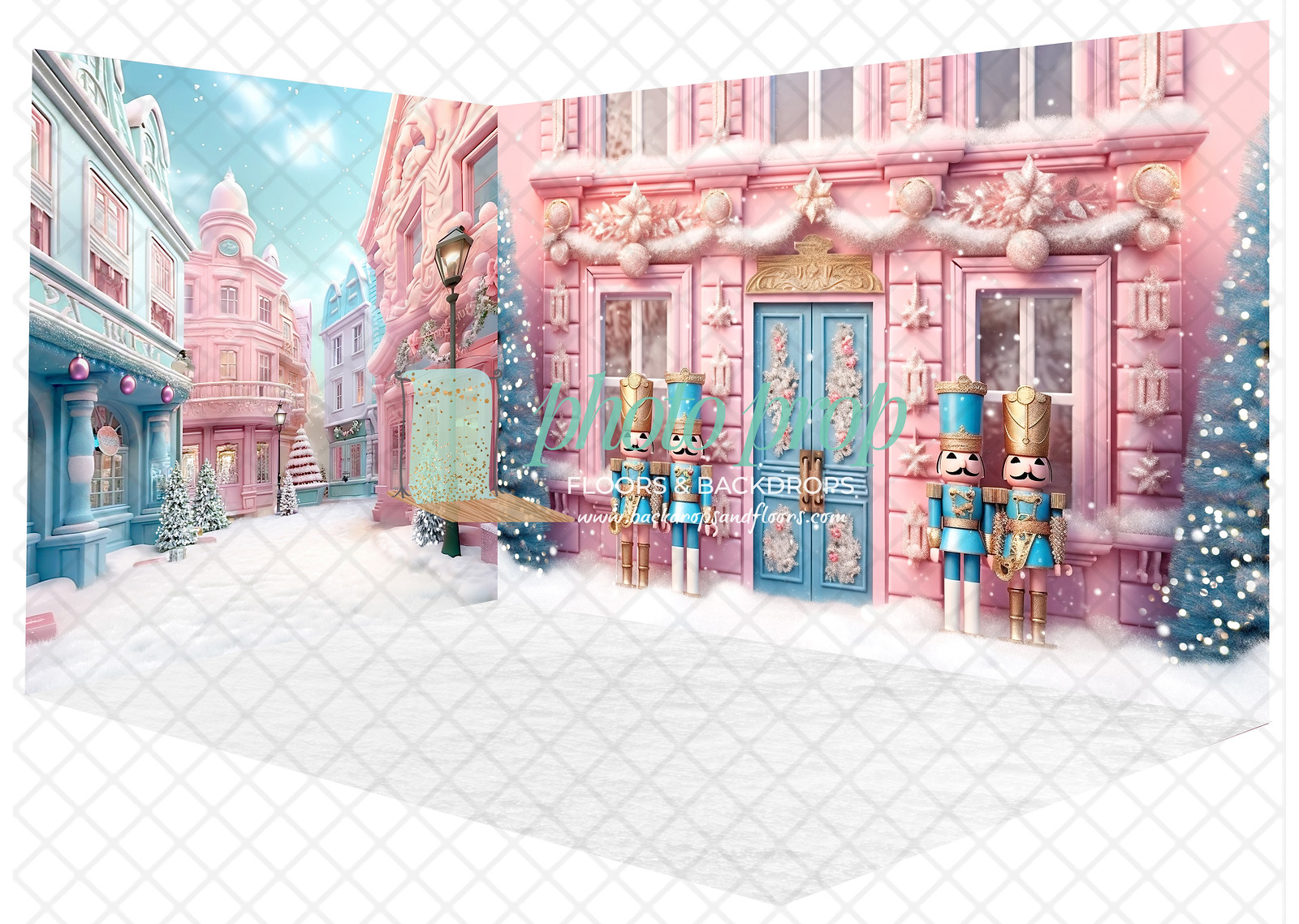 Pastel Pink and Blue Christmas Shop Photography Backdrop (Sugar Plum Plaza (Left), Sugar Plum Sweets (Right), Snowy Floor (Floor))