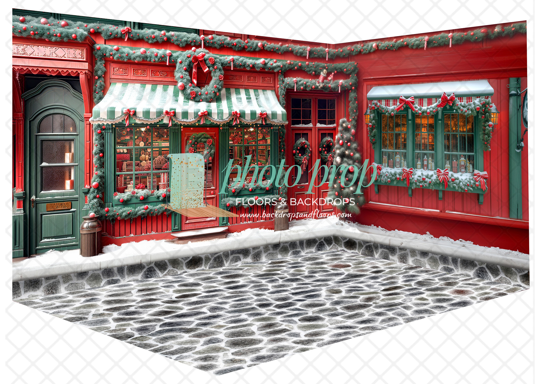 Red and Green Christmas Shop Photography Backdrop (The Green Wreath Shop (Left), The Green Wreath Window (Right), Snowy Cobblestone (Floor))