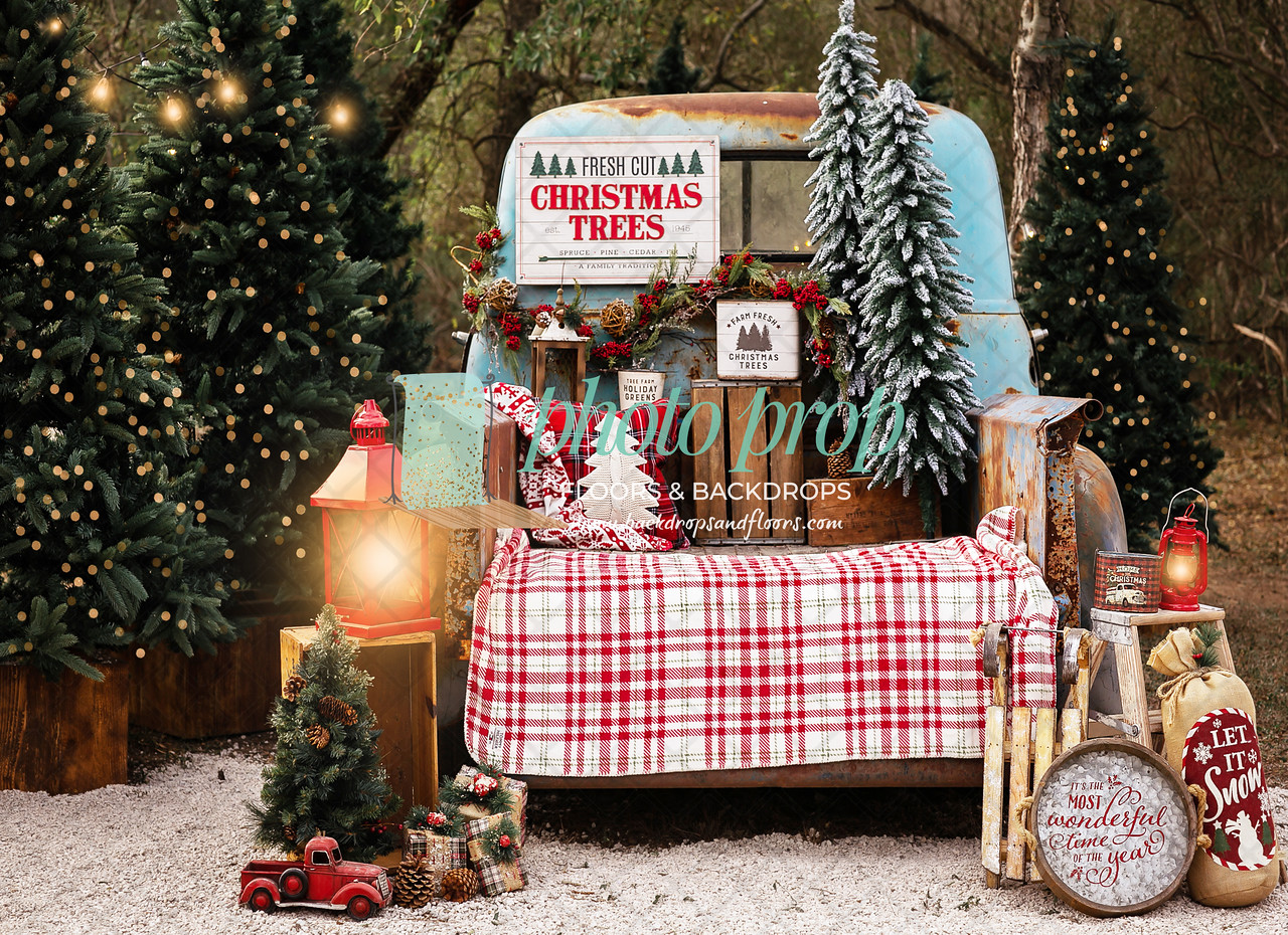 Light Blue Vintage Pickup Truck Christmas Photography Backdrop (Vintage Christmas Truck)