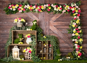 Rustic Easter Barn Doors Photography Backdrop (Climbing Easter Roses 1)