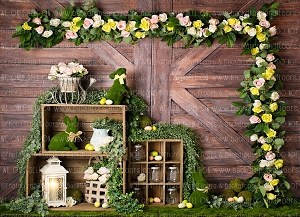 Rustic Easter Barn Doors Photography Backdrop (Climbing Easter Roses 2)